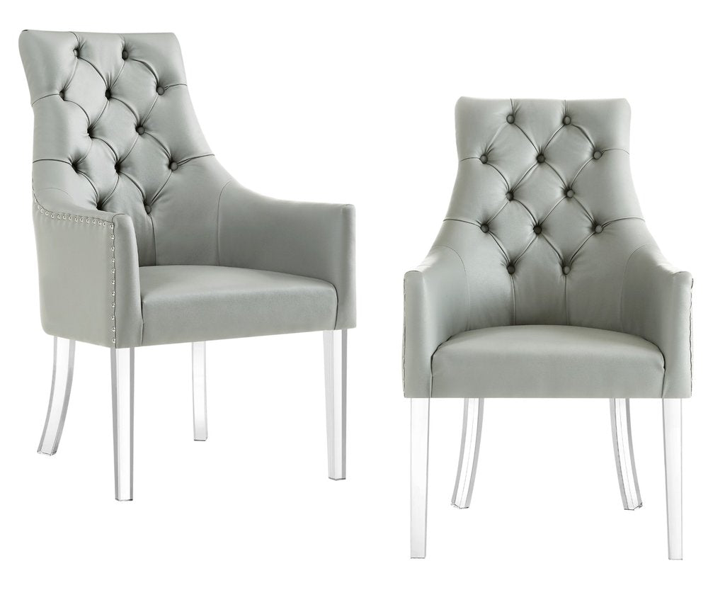 Set of Two Tufted Gray and Clear Upholstered Faux Leather Dining Arm Chairs
