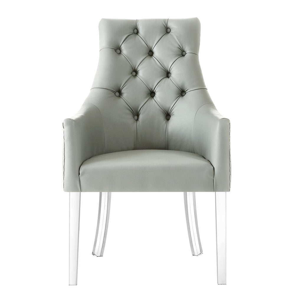 Set of Two Tufted Gray and Clear Upholstered Faux Leather Dining Arm Chairs