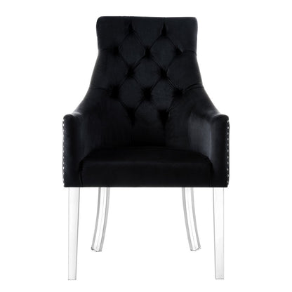 Set of Two Tufted Black and Clear Upholstered Velvet Dining Arm Chairs