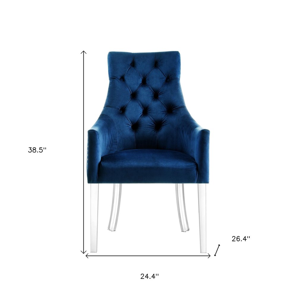 Set of Two Tufted Navy Blue and Clear Upholstered Velvet Dining Arm Chairs