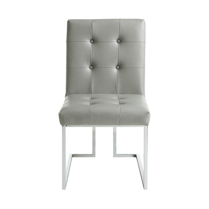 Set of Two Tufted Light Gray and Silver Metallic Upholstered Faux Leather Dining Side Chairs