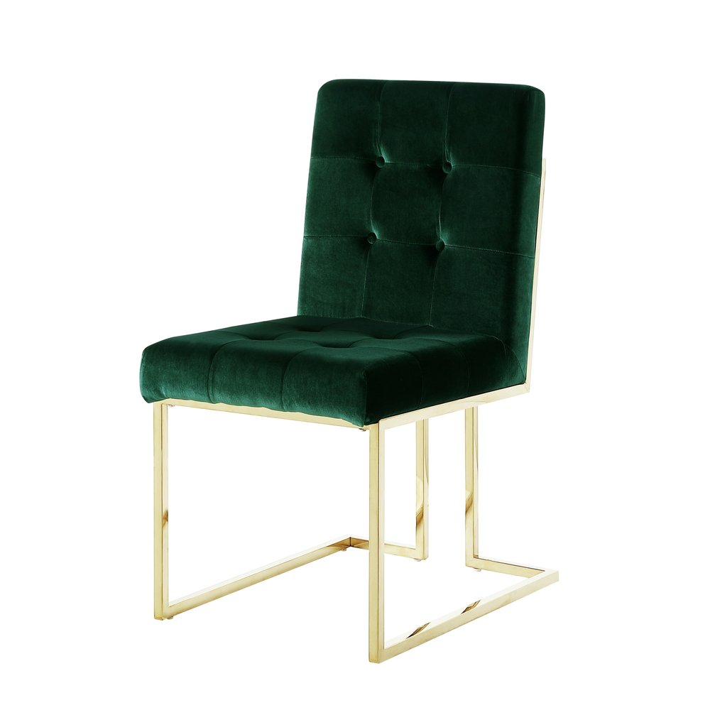Set of Two Tufted Hunter Green and Gold Upholstered Velvet Dining Side Chairs