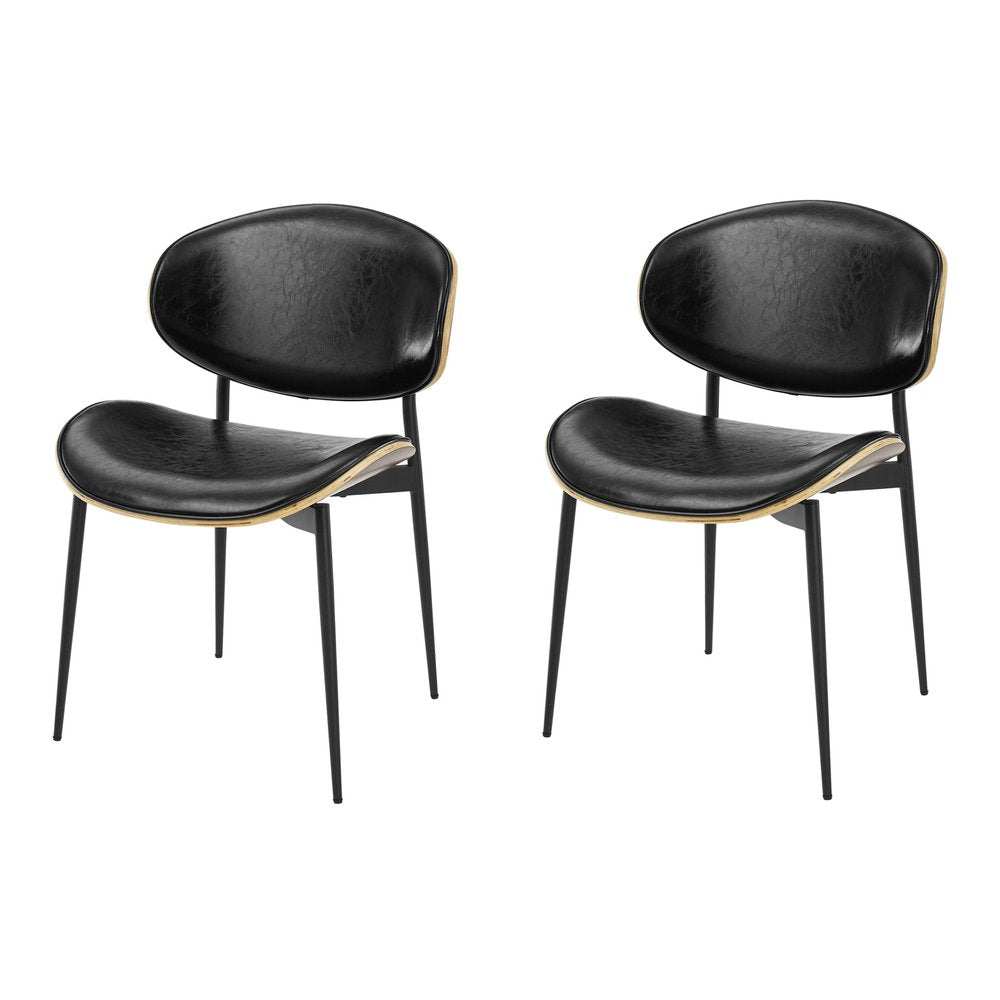 Set of Two Black Faux Leather and Wood Partially Open Back Dining Side Chairs