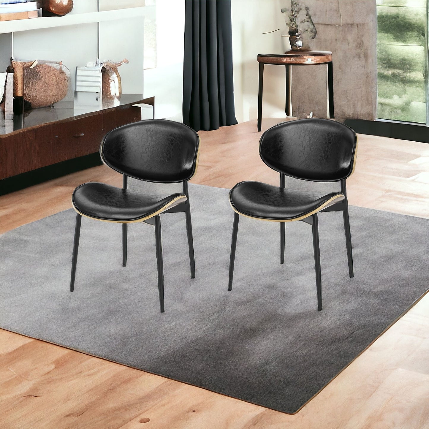 Set of Two Black Upholstered Faux Leather Curved Back Dining Side Chairs