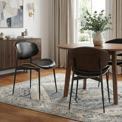 Set of Two Black Faux Leather and Wood Partially Open Back Dining Side Chairs