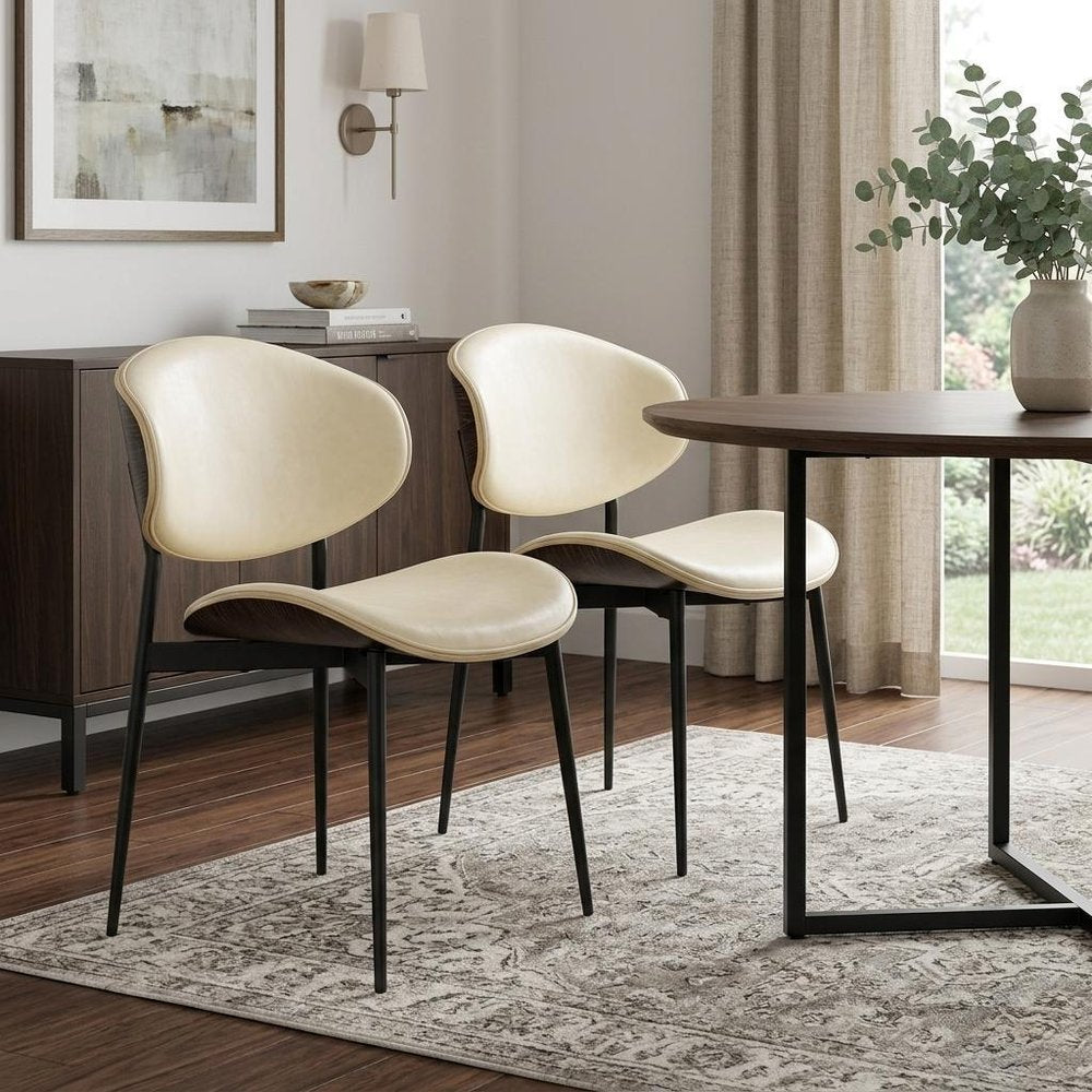 Set of Two Off White and Black Upholstered Faux Leather Curved Back Dining Side Chairs