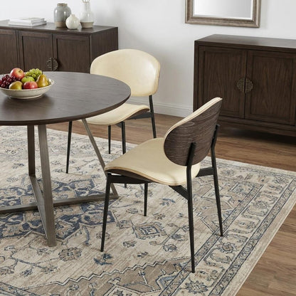 Set of Two Off White and Black Upholstered Faux Leather Curved Back Dining Side Chairs