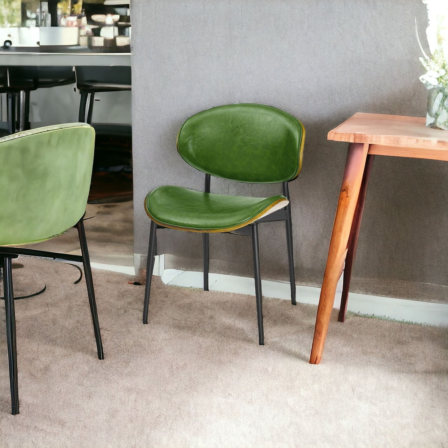 Set of Two Green And Black Upholstered Faux Leather Curved Back Dining Side Chairs