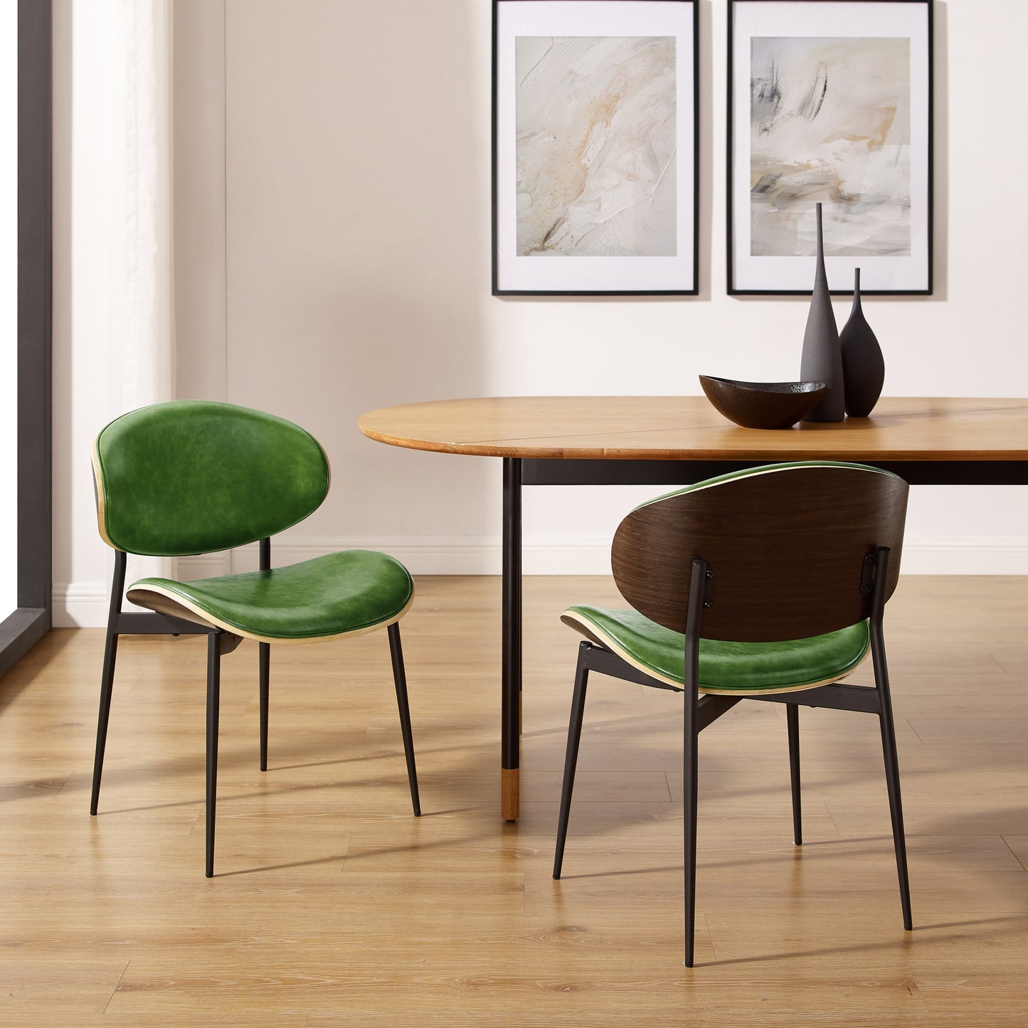 Set of Two Green And Black Upholstered Faux Leather Curved Back Dining Side Chairs