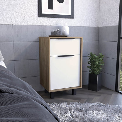 28" White And Natural Wood One Drawer Nightstand