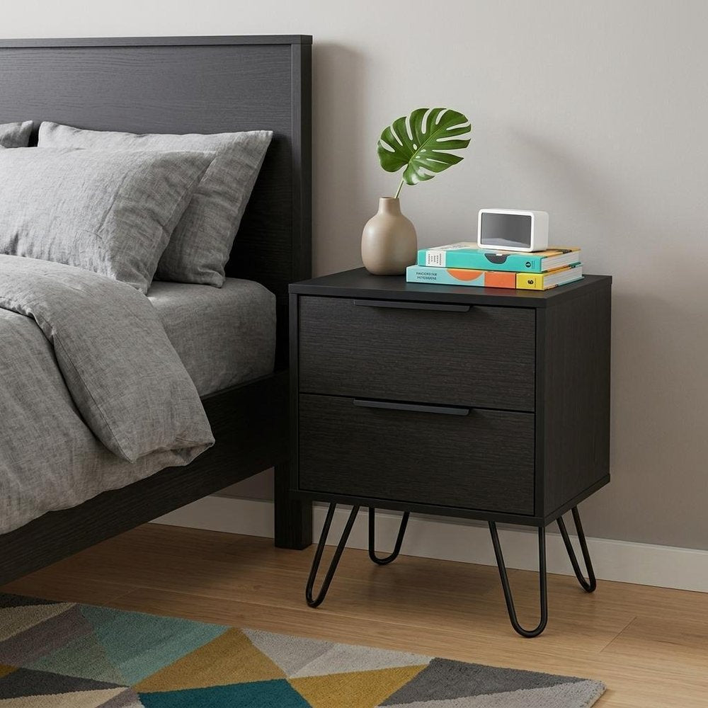 22" Black Wood Two Drawer Nightstand