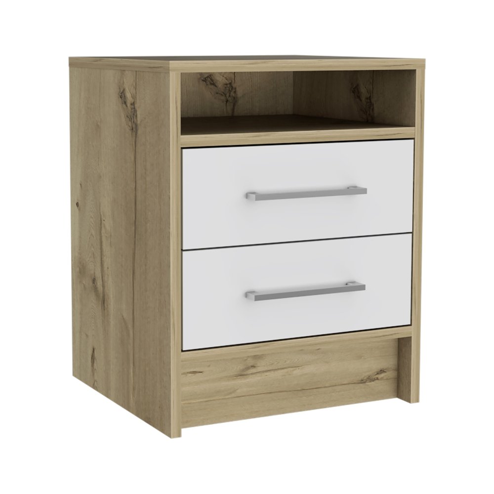 20" Natural And White Wood Two Drawer Nightstand