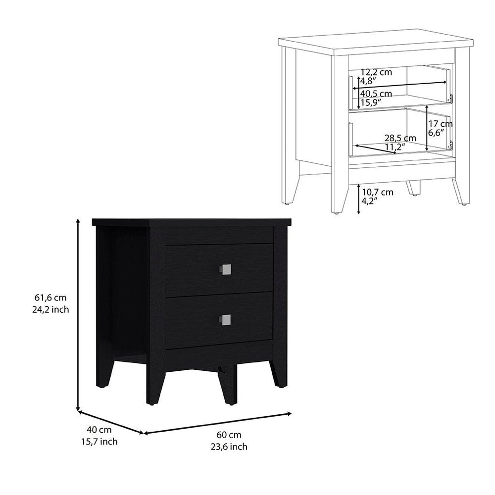 24" Black Wood Two Drawer Nightstand