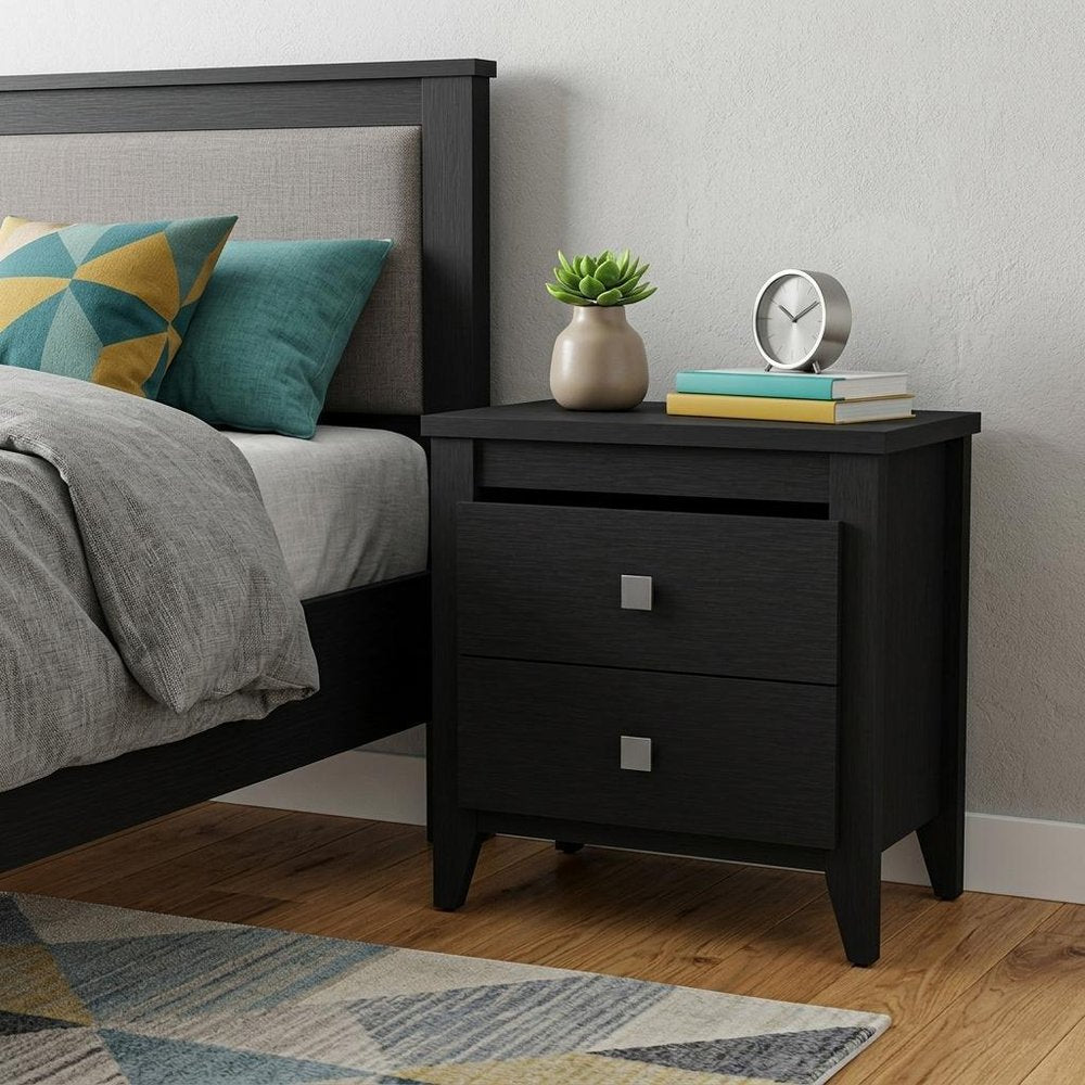 24" Black Wood Two Drawer Nightstand