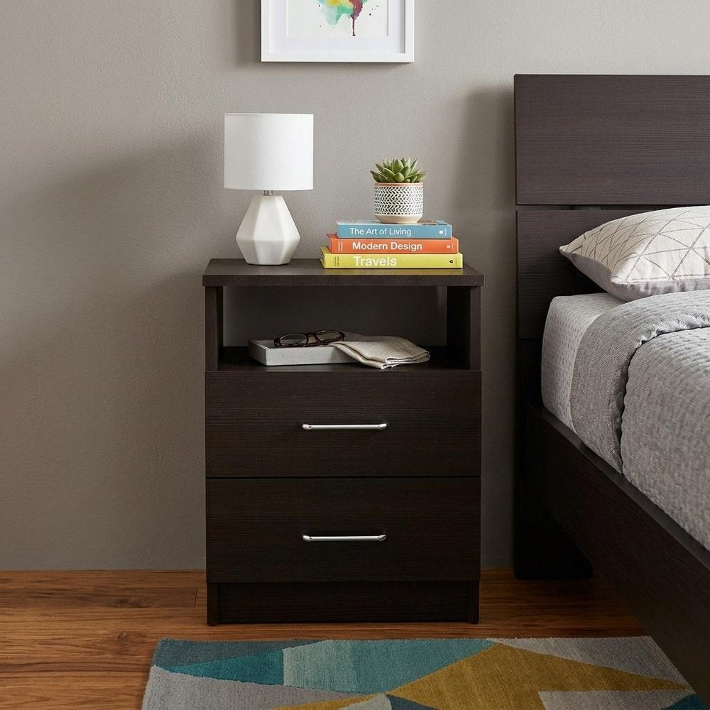 20" Black Wood Two Drawer Nightstand