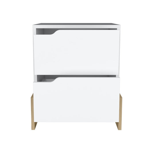 20" White And Natural Wood Two Drawer Nightstand
