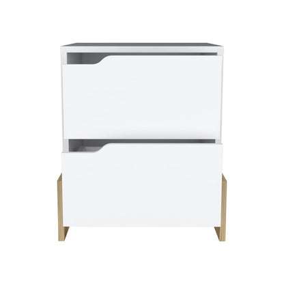 20" White And Natural Wood Two Drawer Nightstand