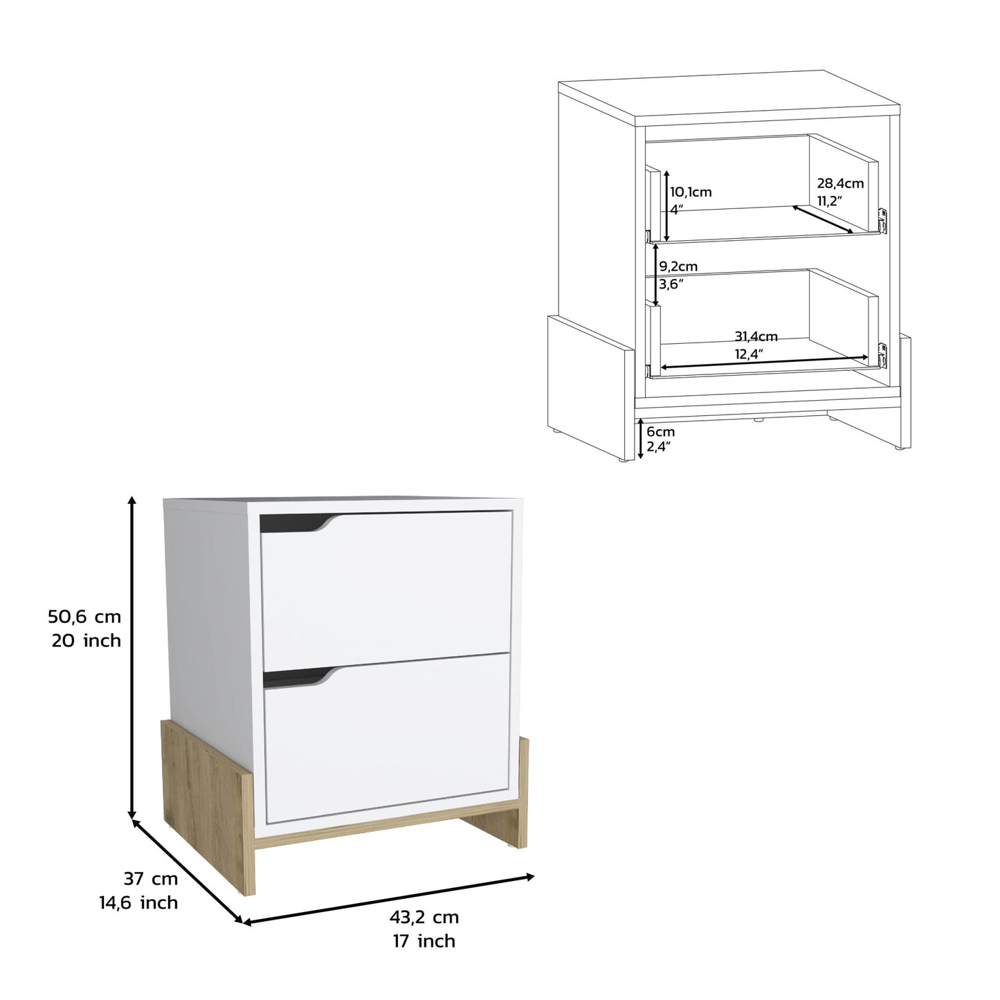 20" White Two Drawer Faux Wood Nightstand