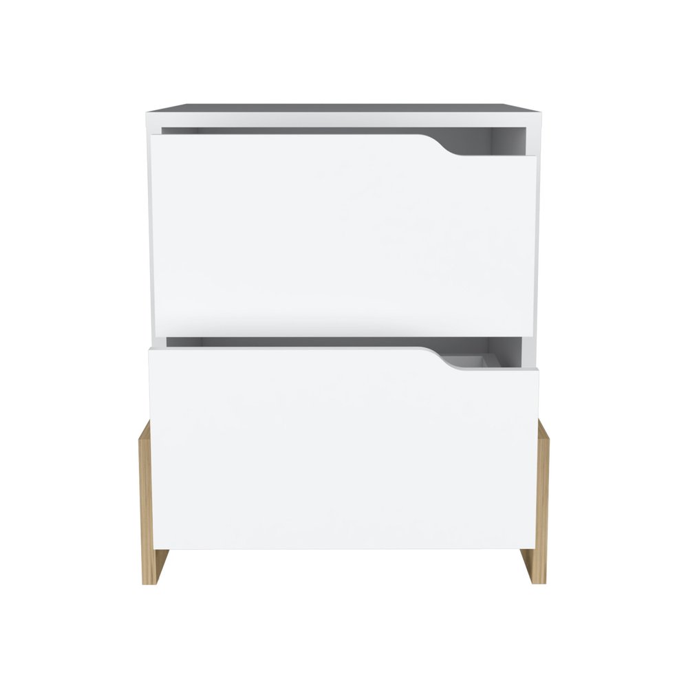 20" White And Natural Wood Two Drawer Nightstand