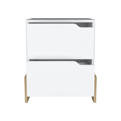 20" White And Natural Wood Two Drawer Nightstand