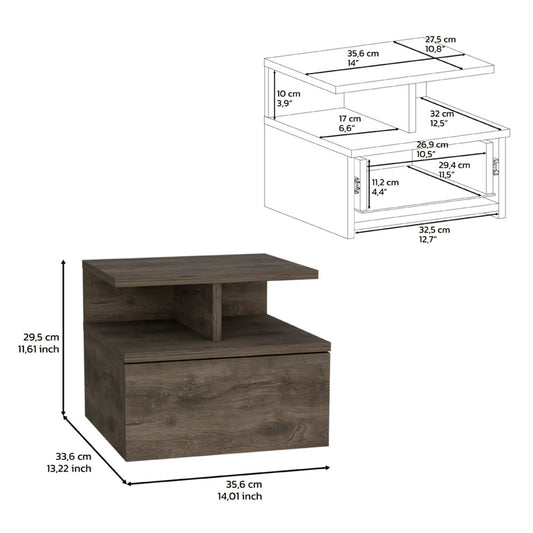 12" Brown Wood One Drawer Floating Nightstand