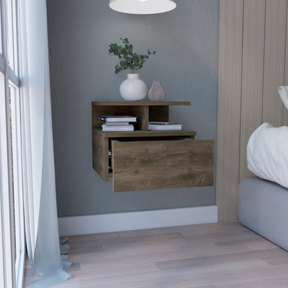 12" Brown Wood One Drawer Floating Nightstand