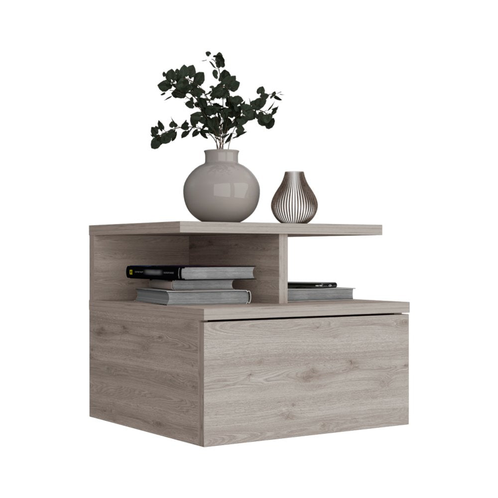 12" Gray Wood One Drawer Floating Nightstand