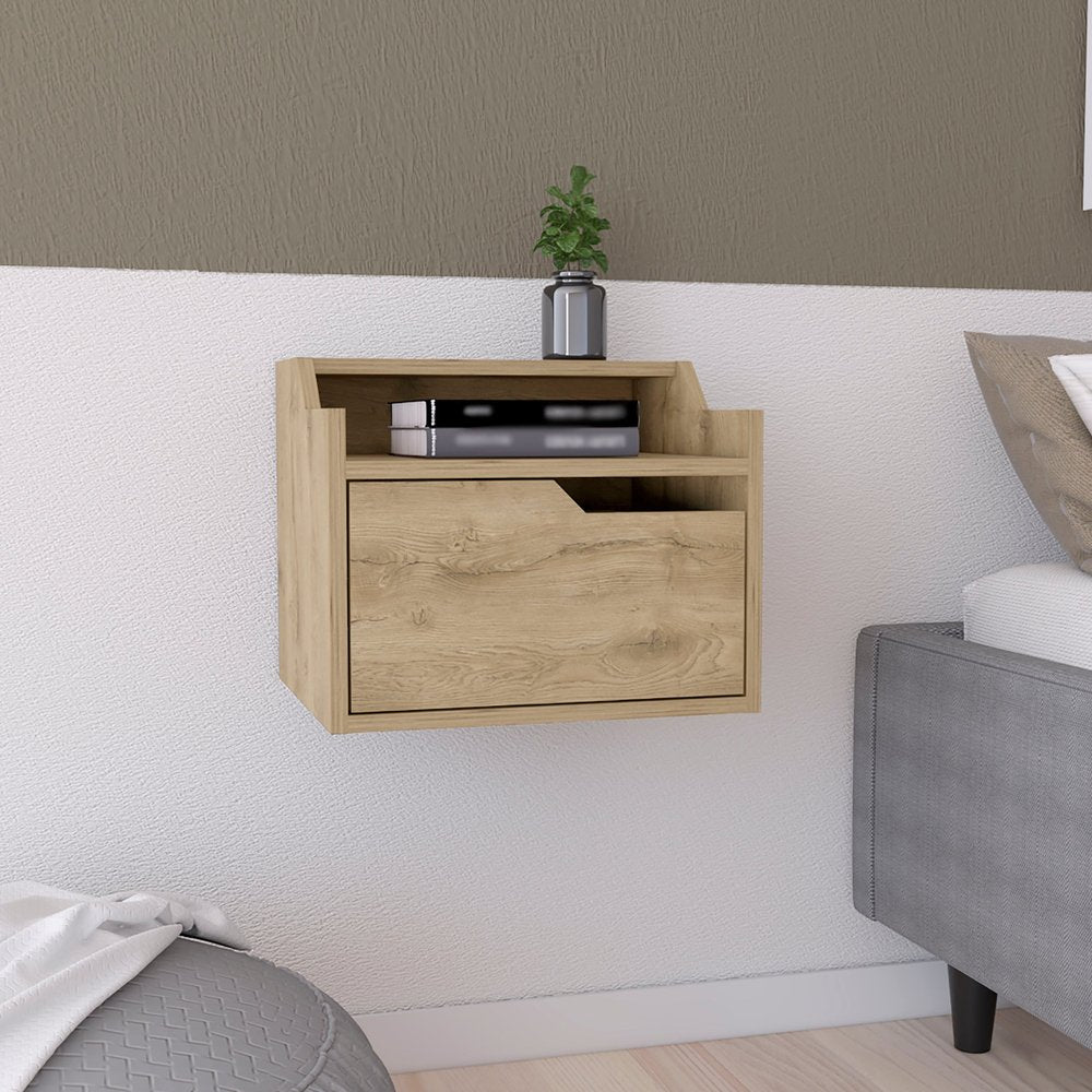 16" Beige Wood One Drawer Floating Nightstand