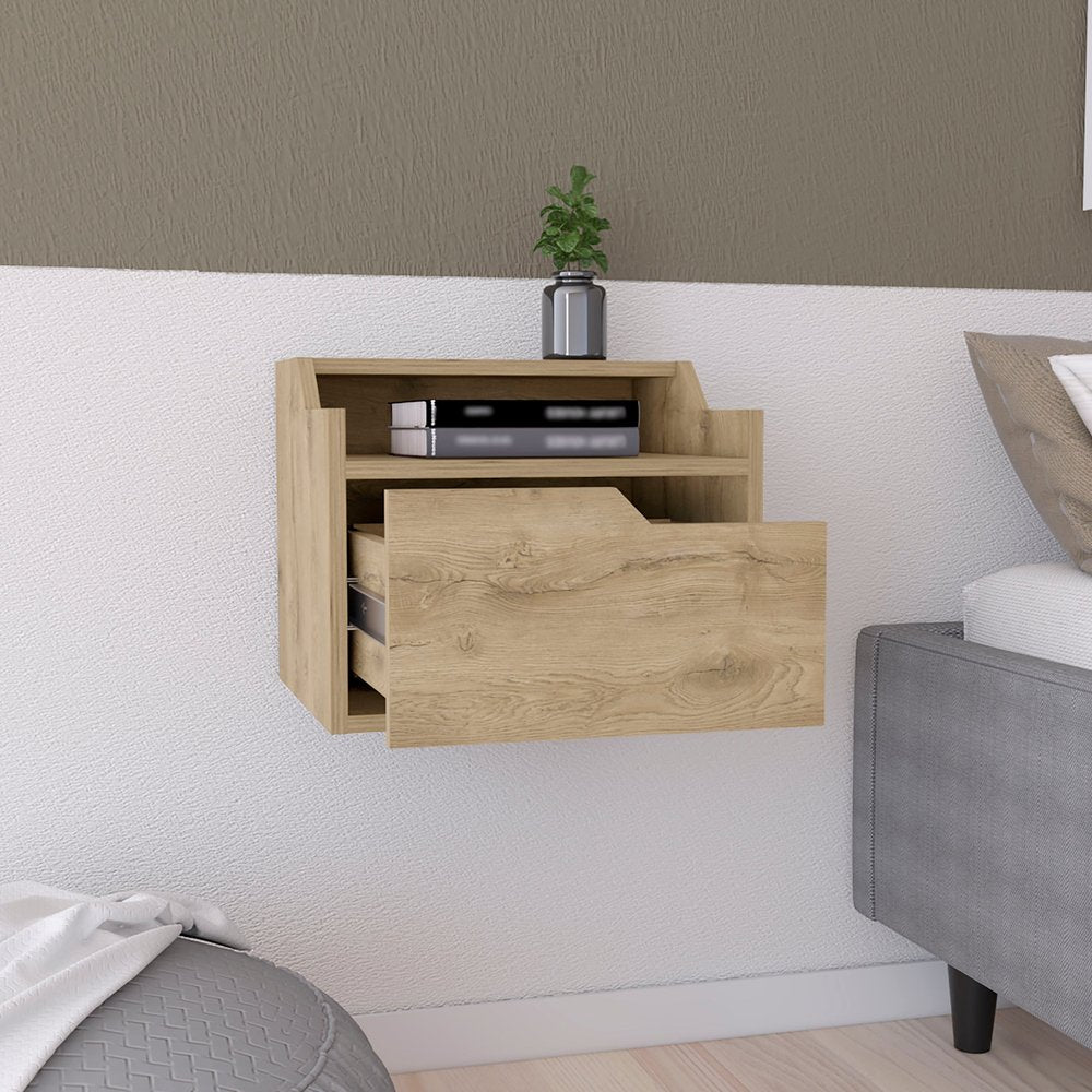 16" Beige Wood One Drawer Floating Nightstand