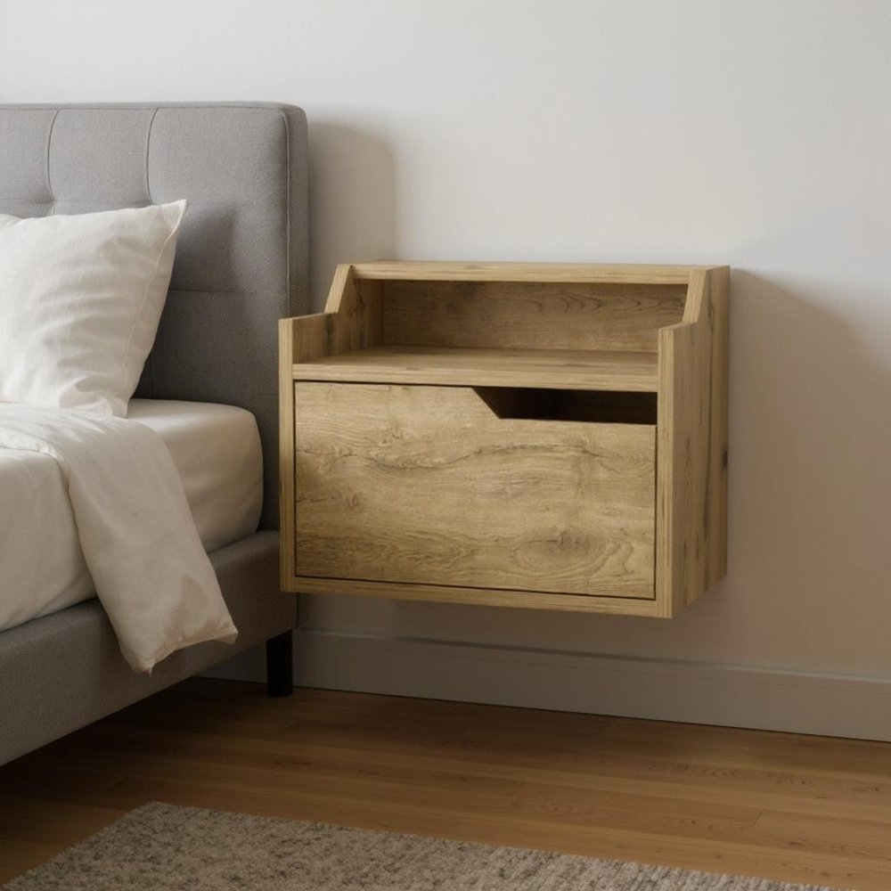 16" Beige Wood One Drawer Floating Nightstand