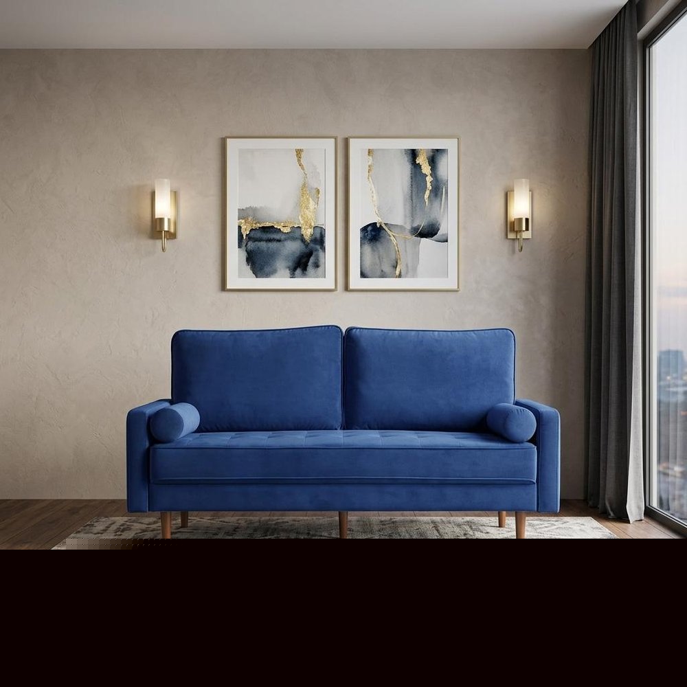69" Blue Velvet Sofa And Toss Pillows With Dark Brown Legs
