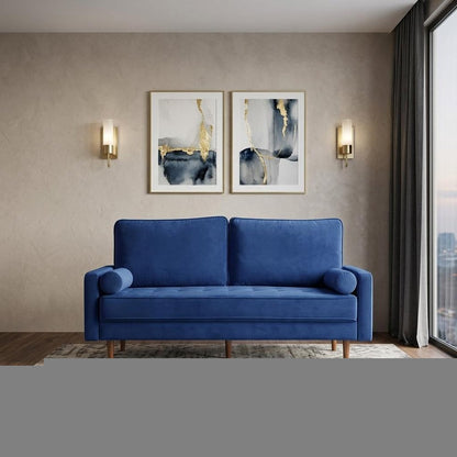 69" Blue Velvet Sofa And Toss Pillows With Dark Brown Legs