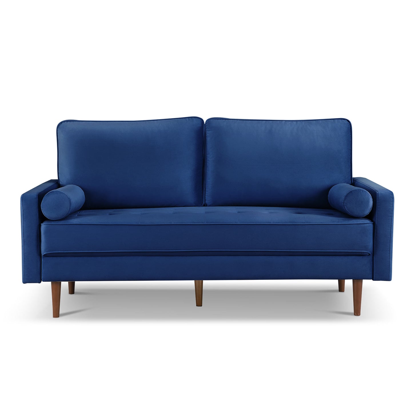 69" Blue Velvet Sofa And Toss Pillows With Dark Brown Legs