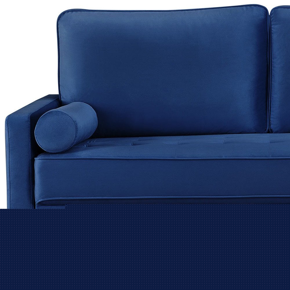 69" Blue Velvet Sofa And Toss Pillows With Dark Brown Legs