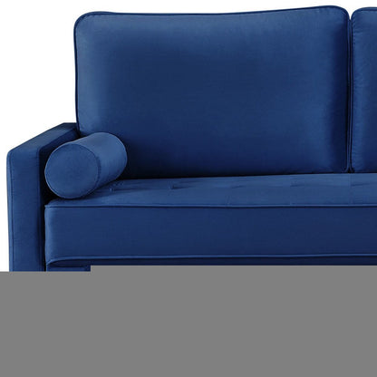 69" Blue Velvet Sofa And Toss Pillows With Dark Brown Legs