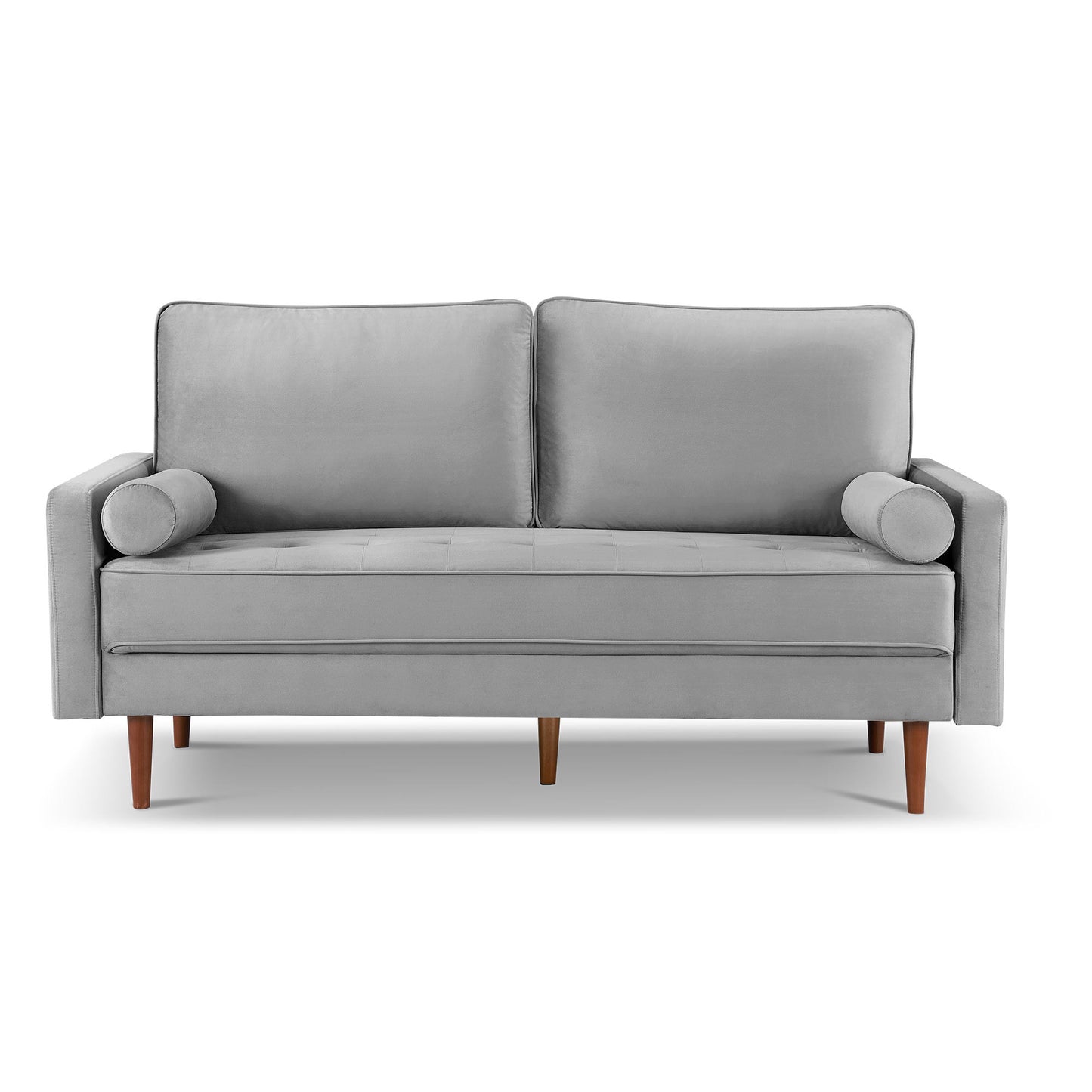 69" Gray Velvet Sofa And Toss Pillows With Dark Brown Legs