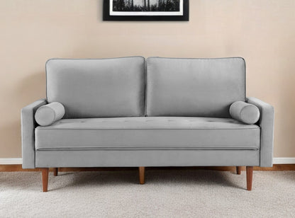 69" Gray Velvet Sofa And Toss Pillows With Dark Brown Legs