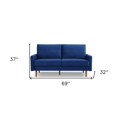 69" Blue Velvet Sofa With Dark Brown Legs