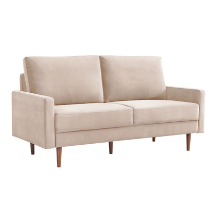 69" Beige Velvet Sofa With Dark Brown Legs