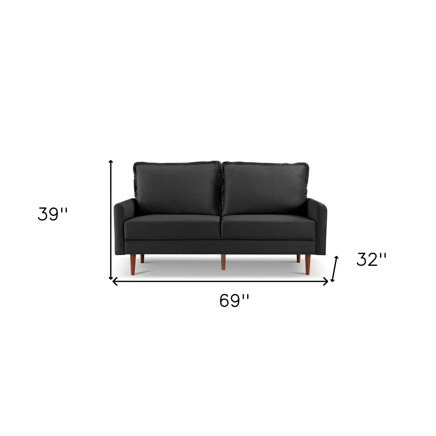 69" Black Velvet Sofa With Dark Brown Legs