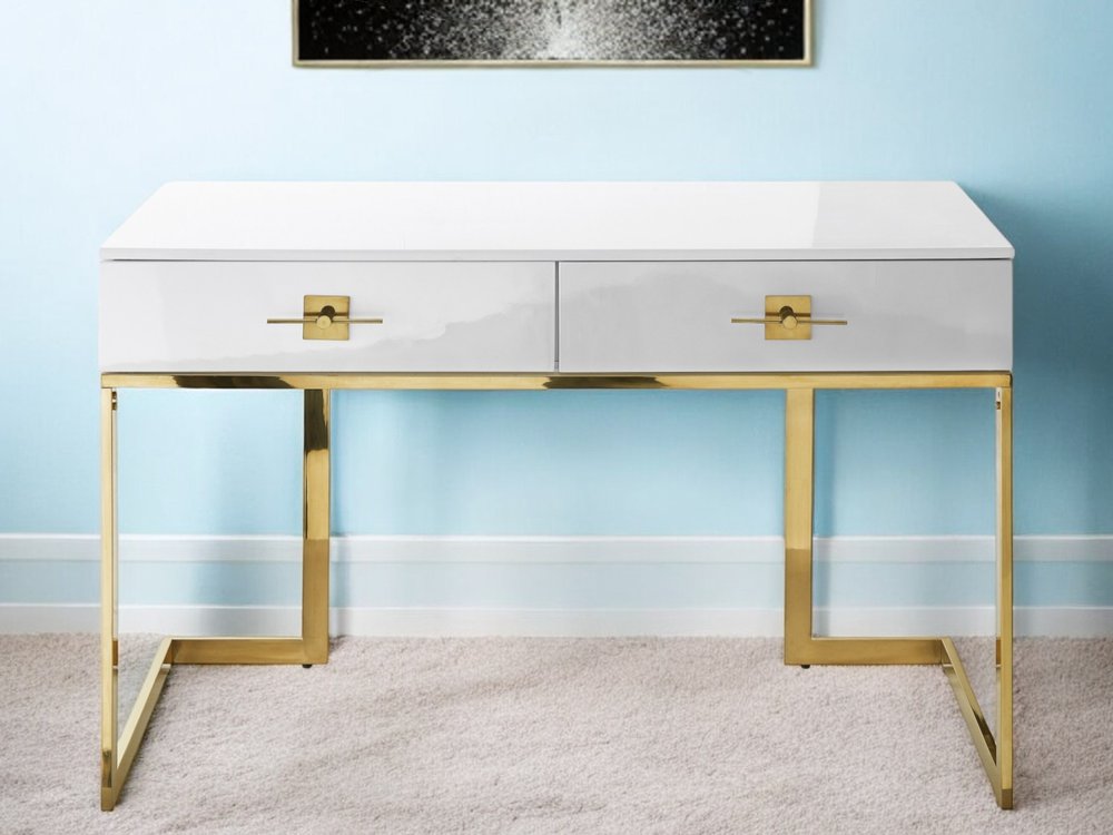47" White and Gold Writing Desk With Two Drawers