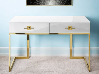 47" White and Gold Writing Desk With Two Drawers