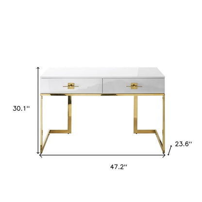47" White and Gold Writing Desk With Two Drawers