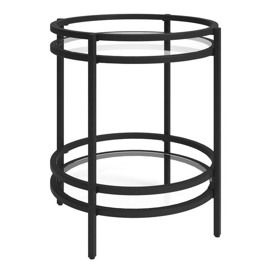 22" Black And Clear Glass And Steel Round End Table With Shelf