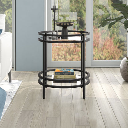 22" Black And Clear Glass And Steel Round End Table With Shelf