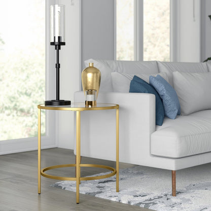 22" Brass And Clear Glass And Steel Round End Table