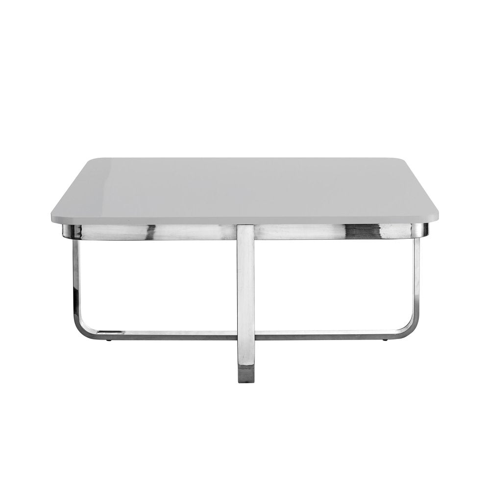 35" Light Gray And Silver Metallic Wood And Stainless Steel Square Coffee Table