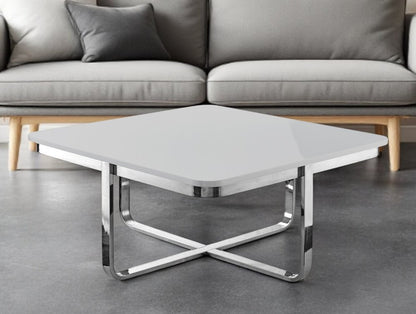 35" Light Gray And Silver Metallic Wood And Stainless Steel Square Coffee Table