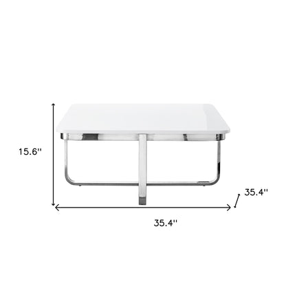 35" White And Silver Metallic Stainless Steel Square Coffee Table