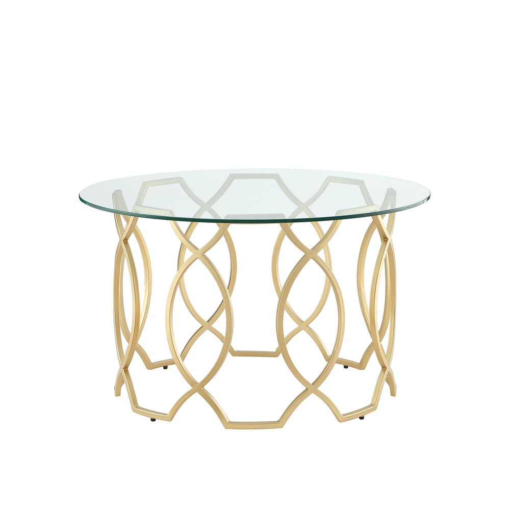 32" Clear And Gold Glass And Iron Round Coffee Table